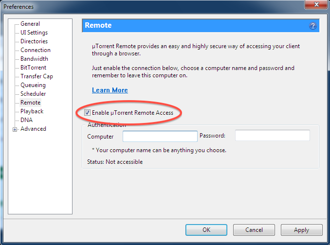 µTorrent Enable Remote Access in the µTorrent settings