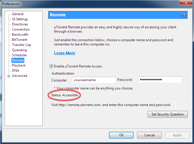 µTorrent Username and Password for Remote Access in the µTorrent settings